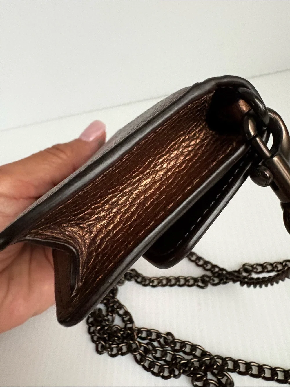 Coach Half Flap card Case Crossbody Bag Pewter Metallic Bronze Chain Strap NWOT